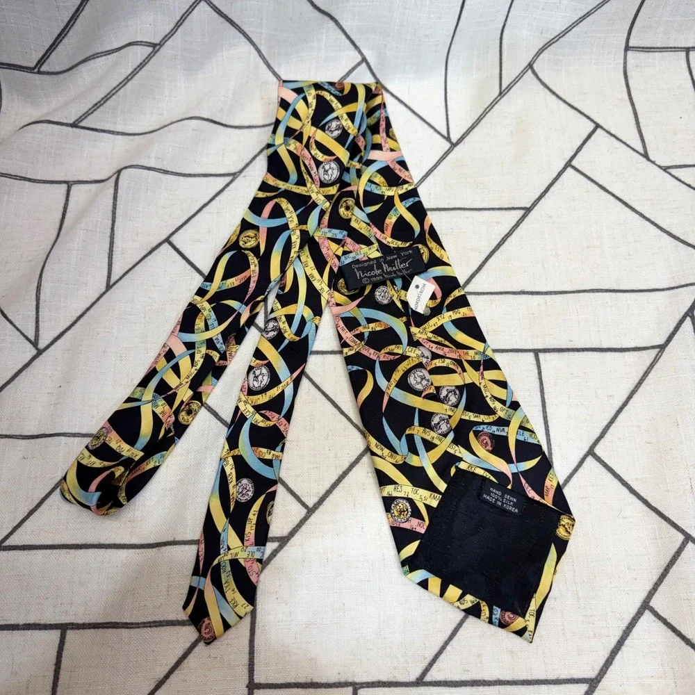 Nicole Miller‎ Necktie OS Black Stock Market Ticker Tape Coins Silk Vintage 1999